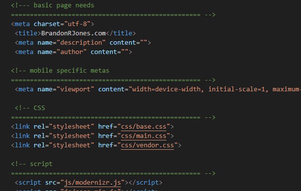 Screenshot of the HTML code used to build this website
